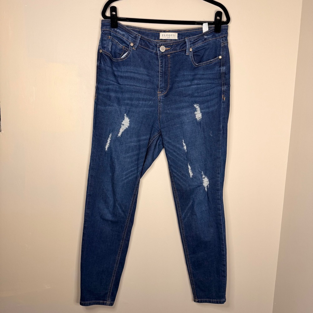 #175 ELOQUII Skinny Jeans Sz. 16 Blue Distressed w: 37‎ - 38 I: 27.5 High Rise